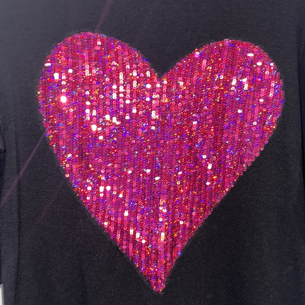 Sparkle Casual 3/4 Sleeve Sequin Heart Crew Neck too Glitter Valentines - Picture 4 of 6